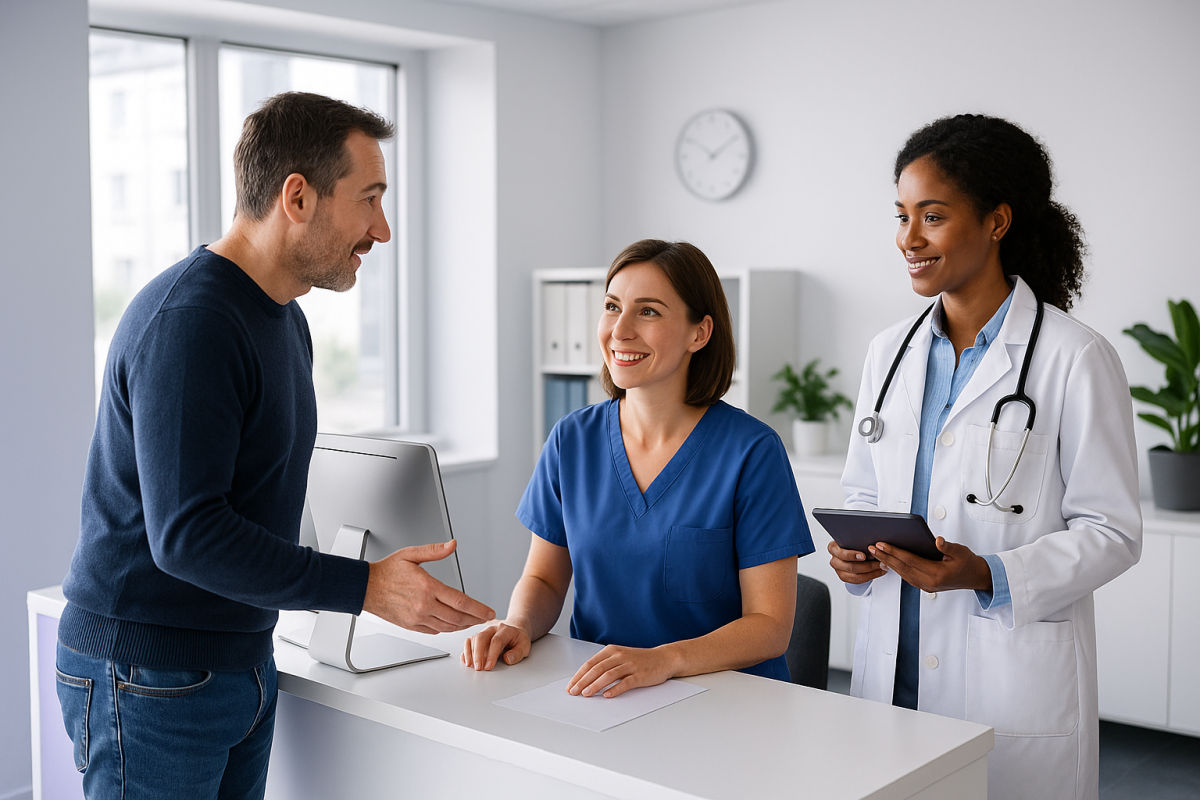 AI-powered receptionist scheduling appointments in a UK clinic