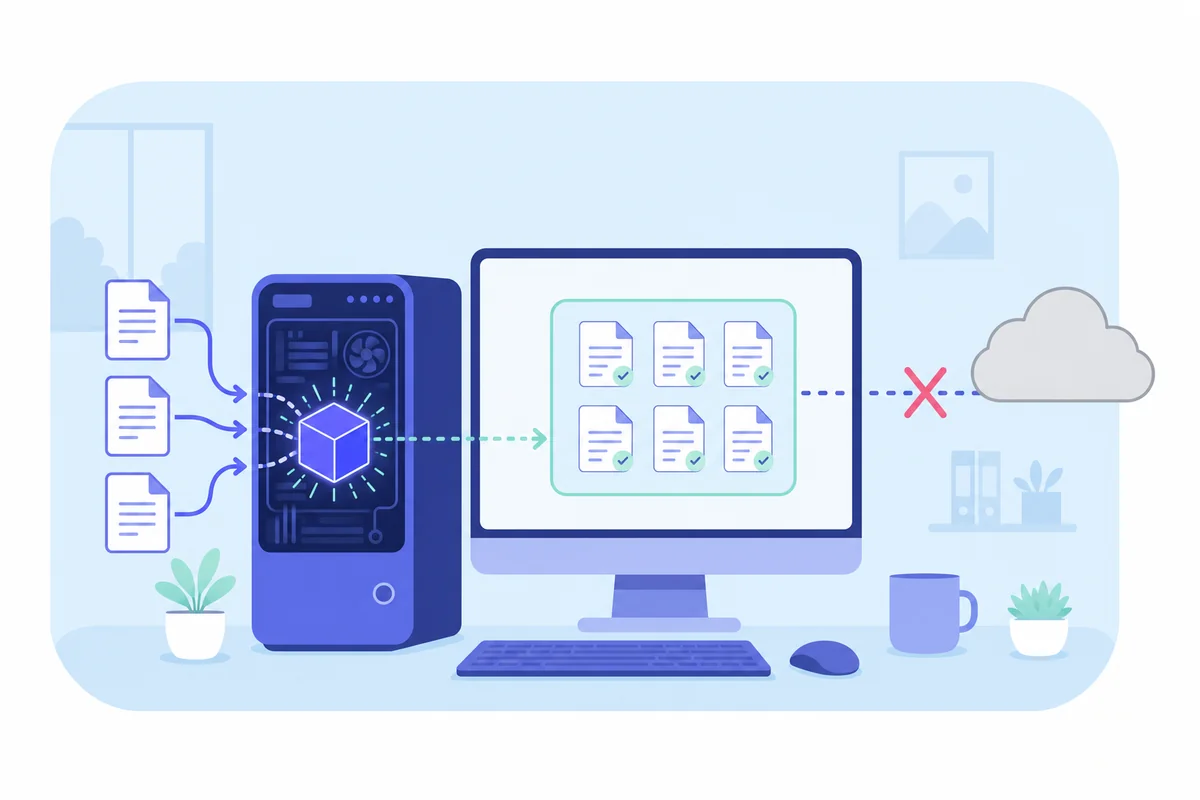 Diagram of an AI model running inside an office computer with the connection to the cloud crossed out