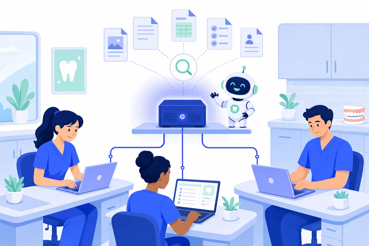 Dental team using a shared local AI machine in the practice office to search documents and draft letters