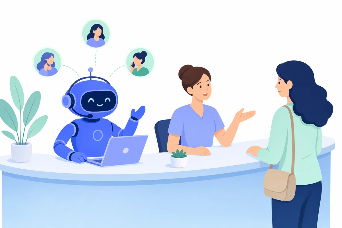 AI voice agent answering overflow calls alongside a human receptionist at a practice desk