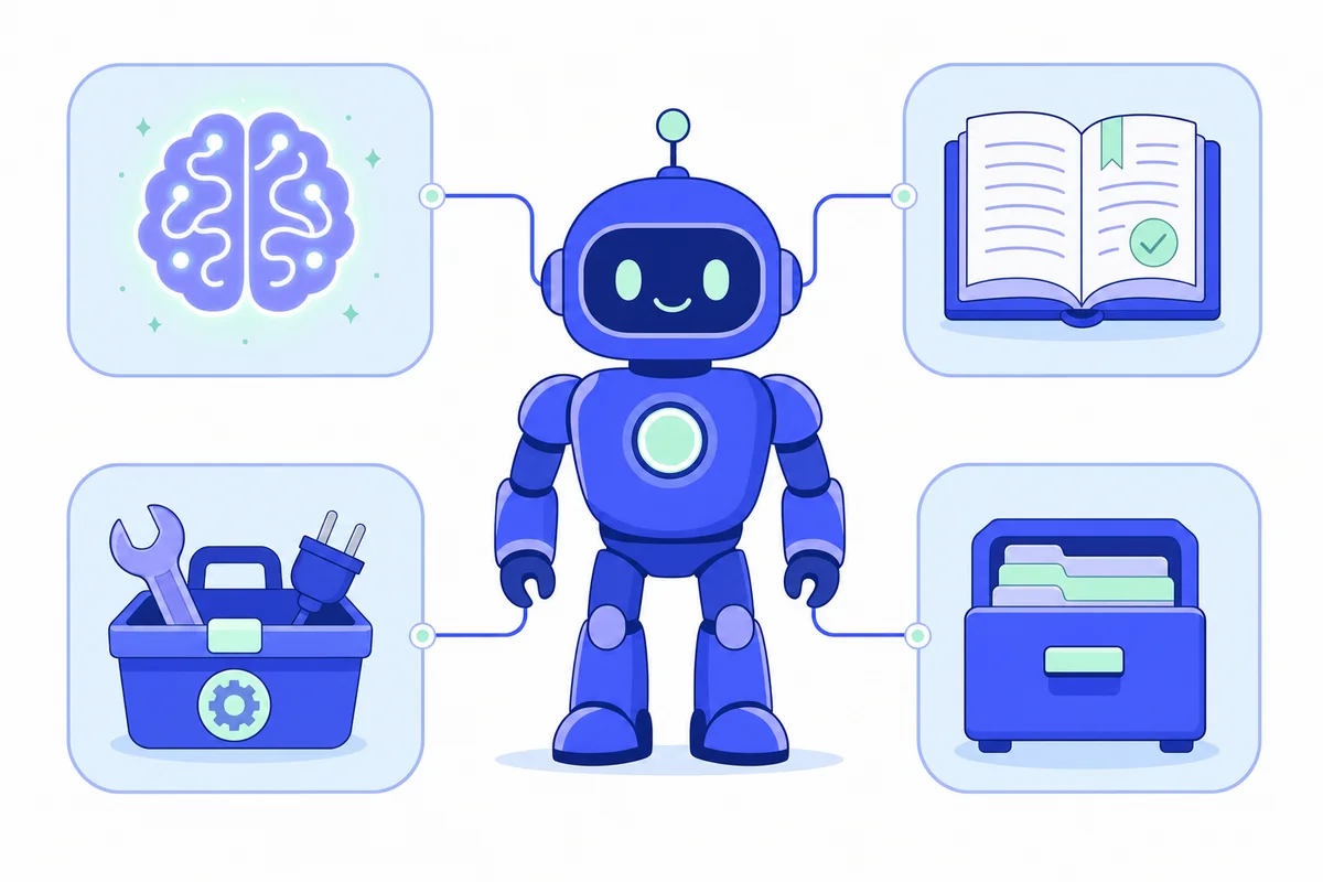 Diagram of the four parts of an AI agent: model, instructions, tools and memory connected to a robot