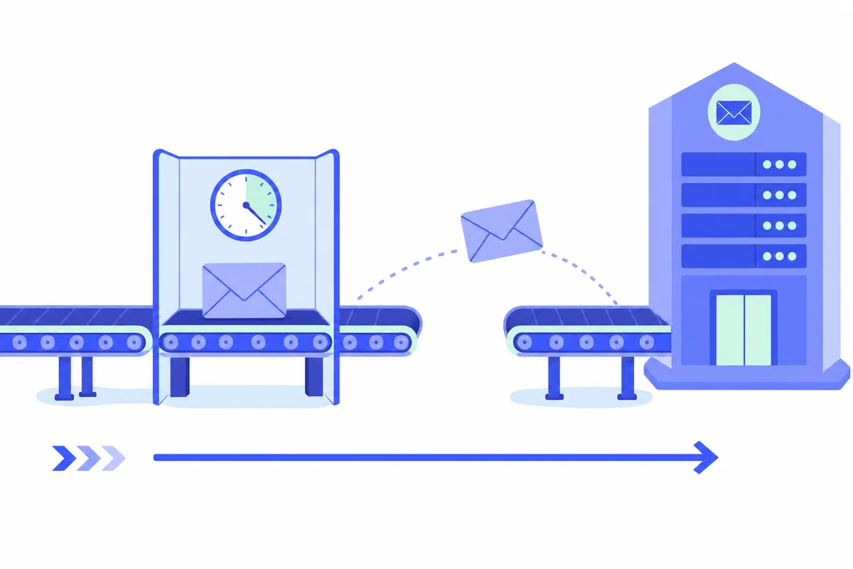 Diagram showing an email held briefly in a waiting bay then handed one way to a distant mail server