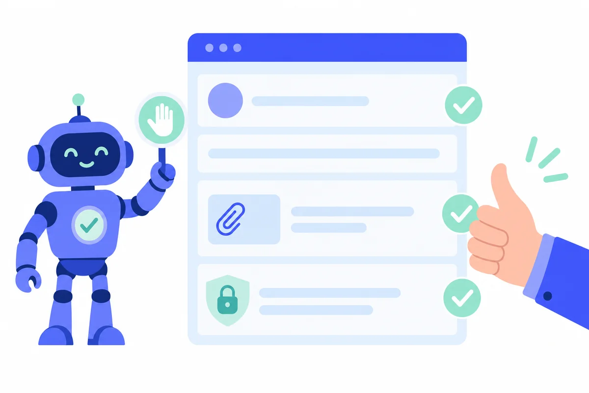 AI assistant holding up a stop sign beside an email draft while checks on recipient, attachment and content pass