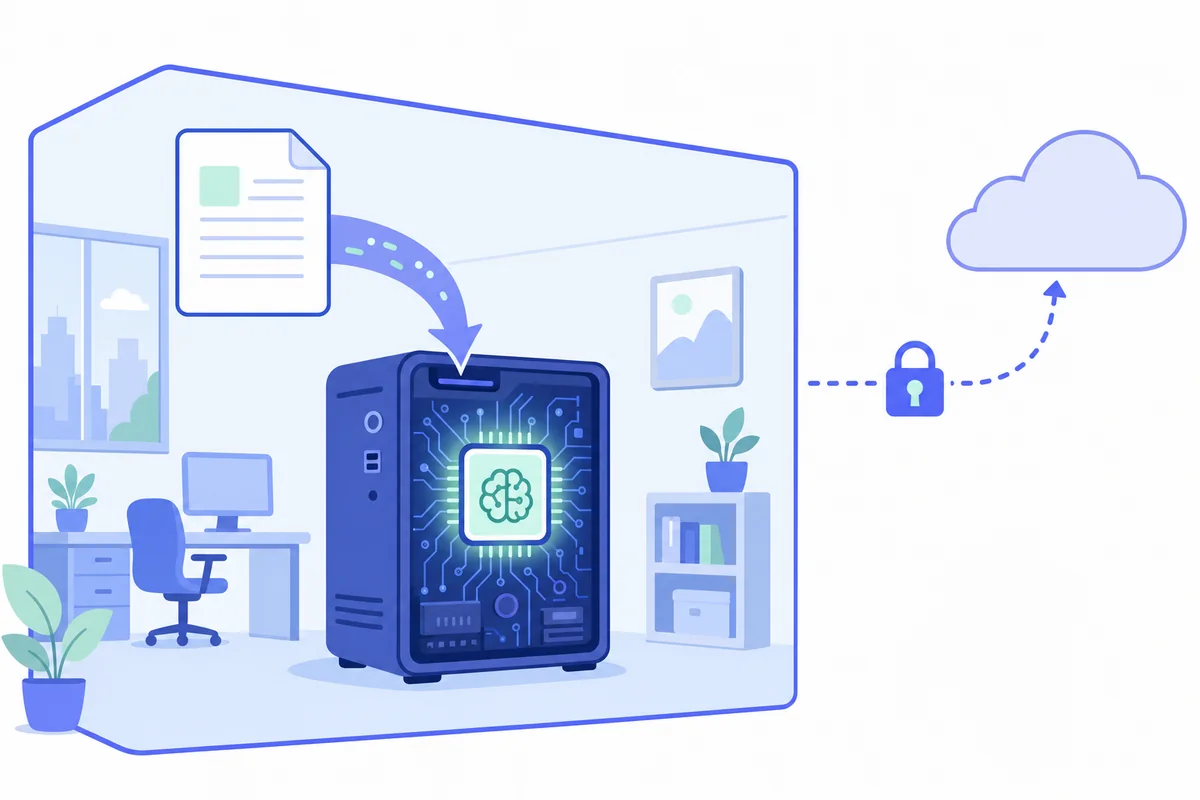 Diagram of a document going into a computer inside an office outline, with the arrow to the cloud broken and padlocked