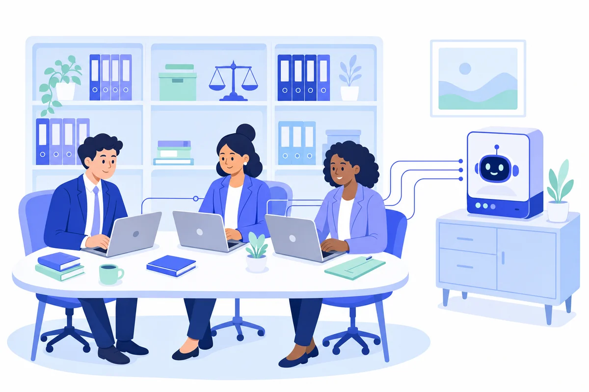 Small legal team at a shared table, each laptop linked to one dedicated local AI machine in the same room