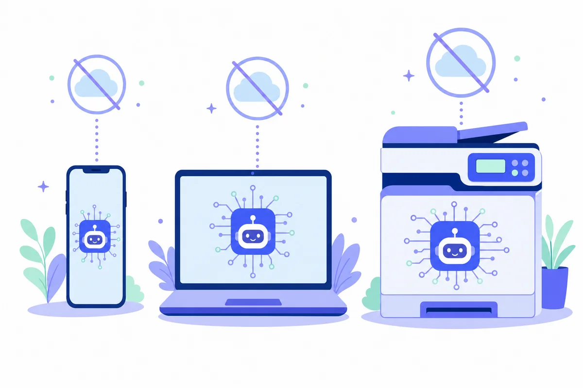 A phone, a laptop and an office machine side by side, each running AI with the cloud symbol crossed out