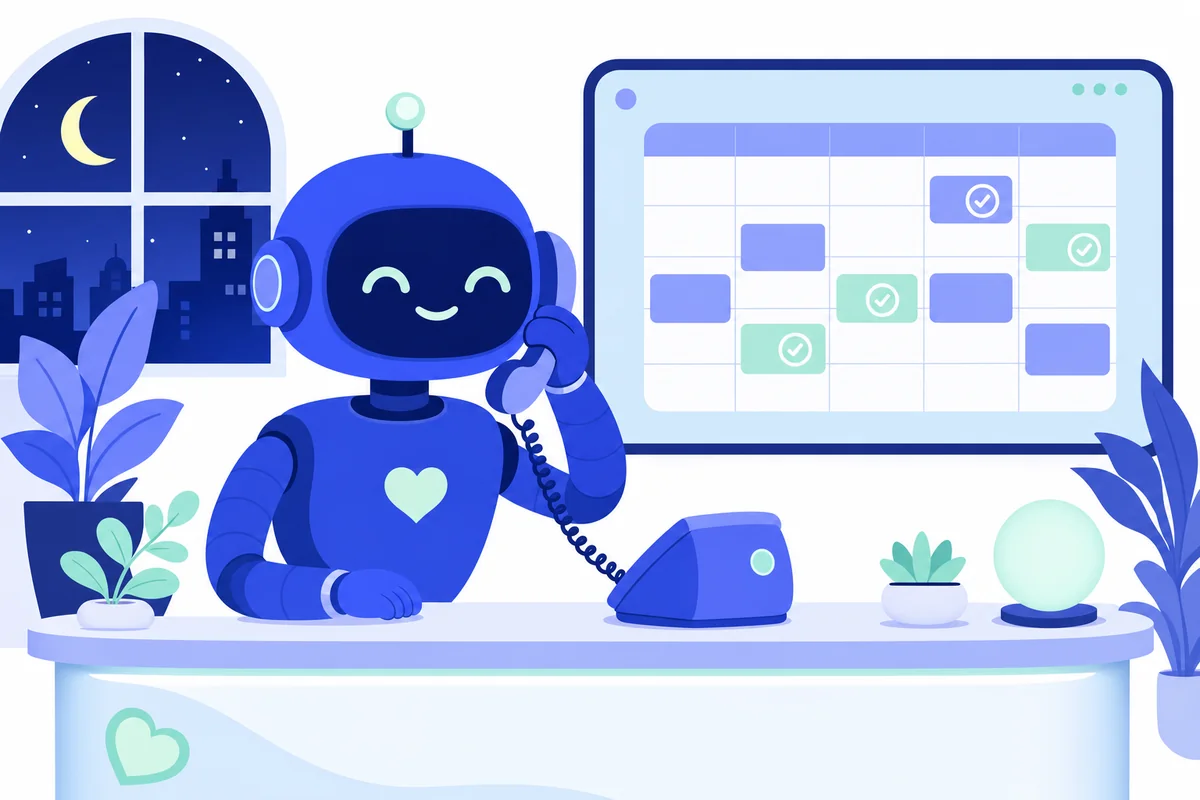AI receptionist robot answering a call at night while the appointment calendar fills