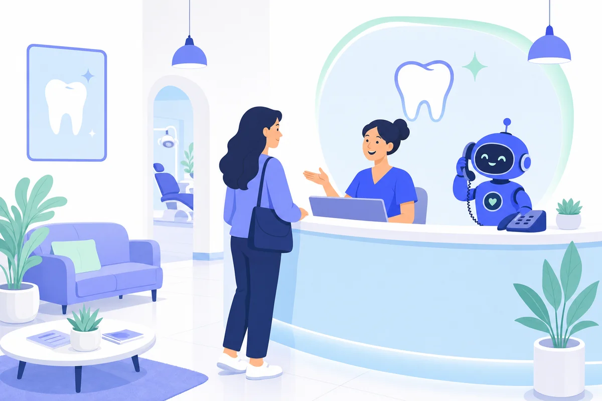 Calm dental reception with receptionist helping a patient while an AI agent handles the phone