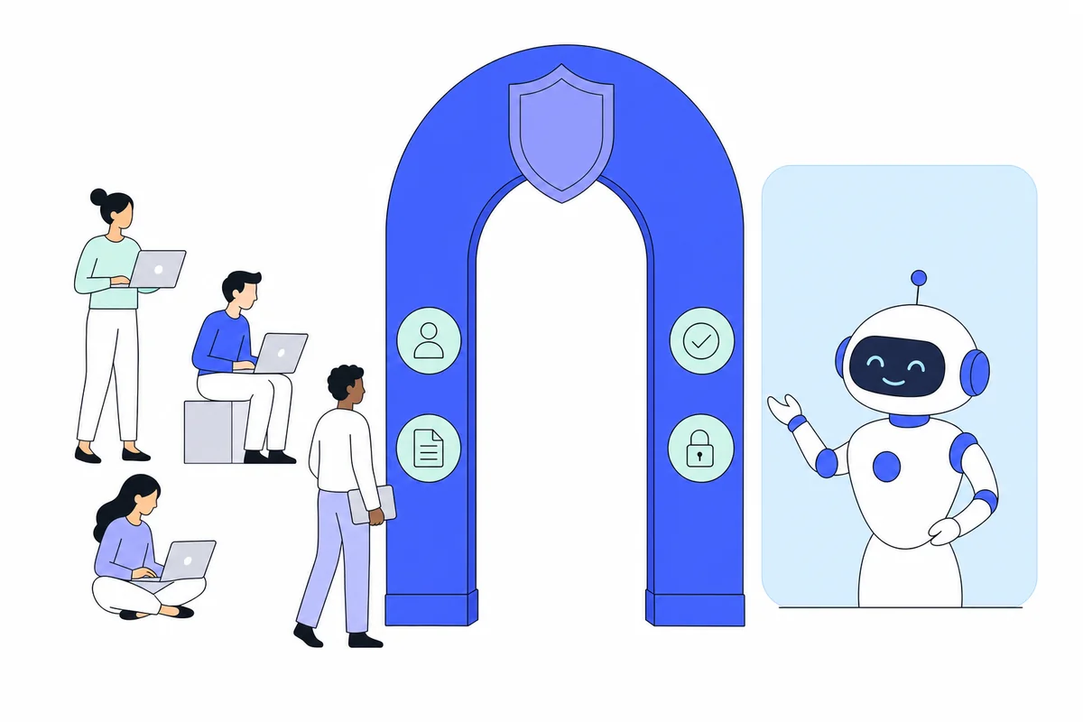 Diagram of AI governance as a gate with checkpoints between staff and an AI assistant