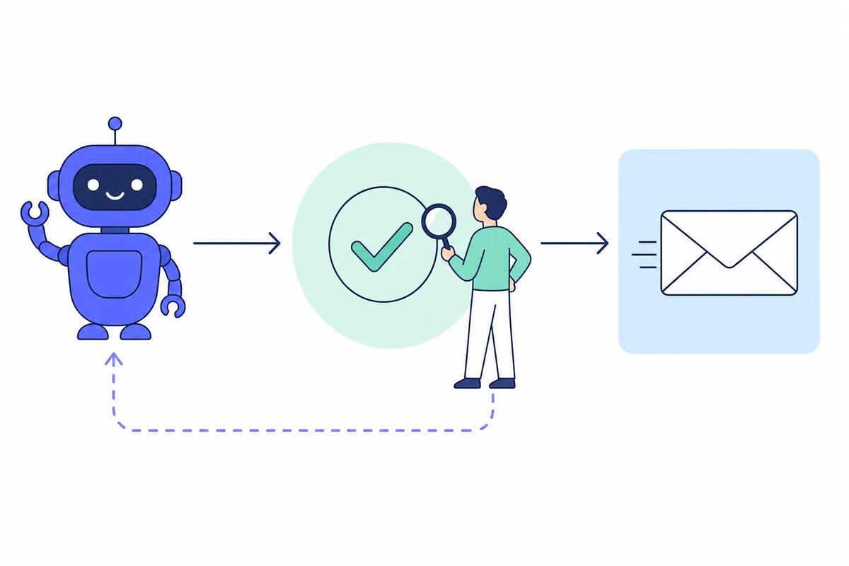 Workflow showing an AI agent passing work to a human checkpoint before it is sent