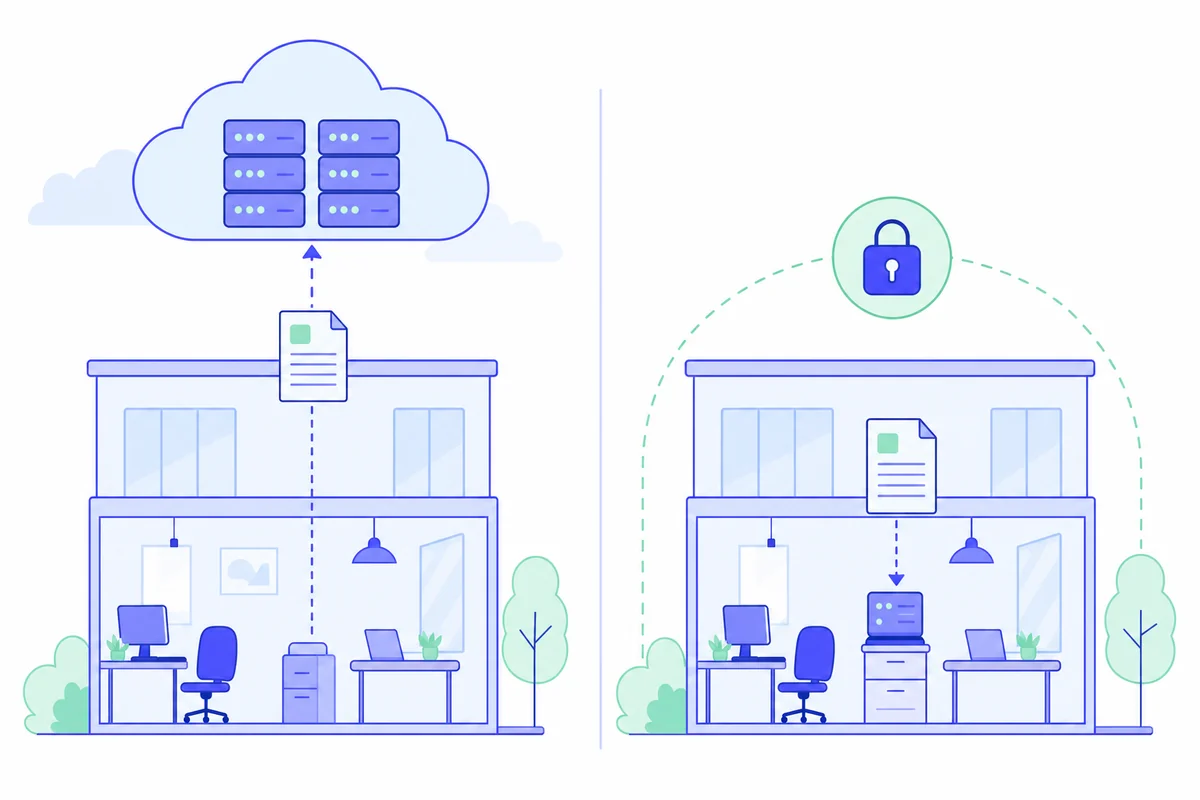 Two offices side by side: one sends a document up to a cloud server, the other keeps it on a padlocked machine inside