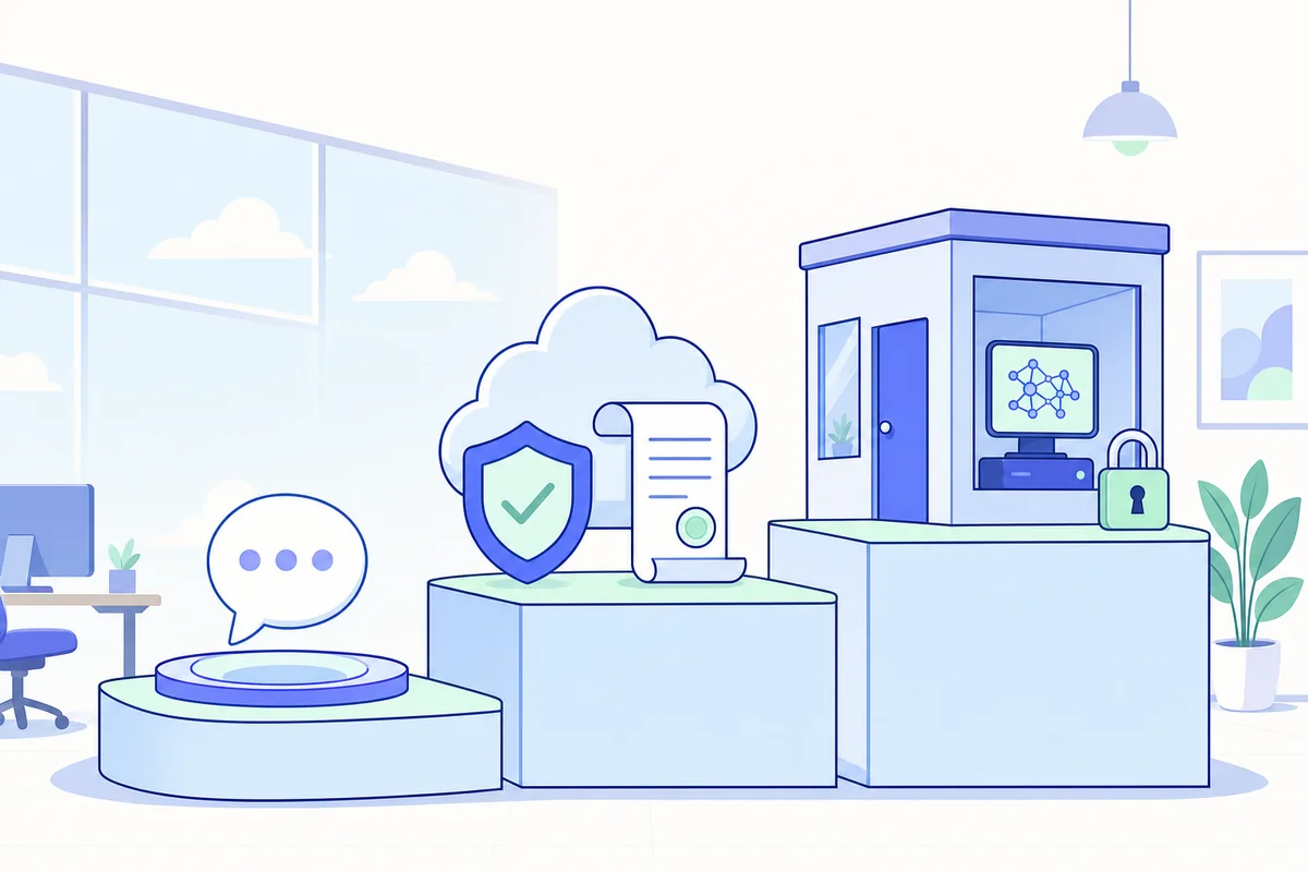 Three rising platforms: an open chat bubble, a cloud with a shield and contract, and an office with its own AI machine