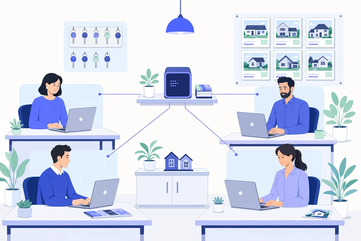 Four estate agency staff at laptops, each linked to one compact private AI machine on a shelf in the office